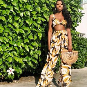 Palm Print Wide Leg Trousers Two Piece